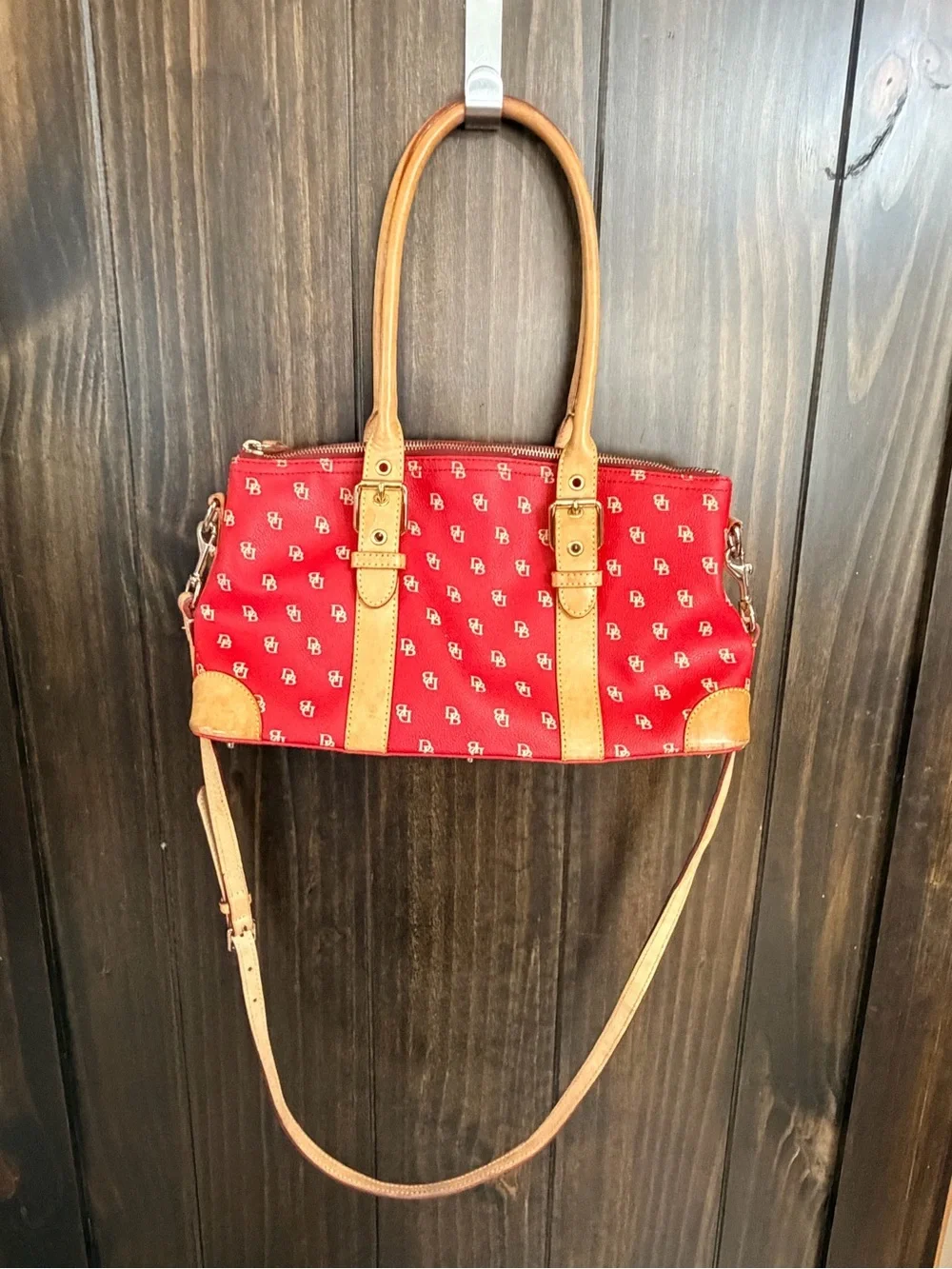 Dooney & Bourke Red Logo Canvas Shoulder Bag w/ Tan Leather Trim crossbody strap - Picture 4 of 13